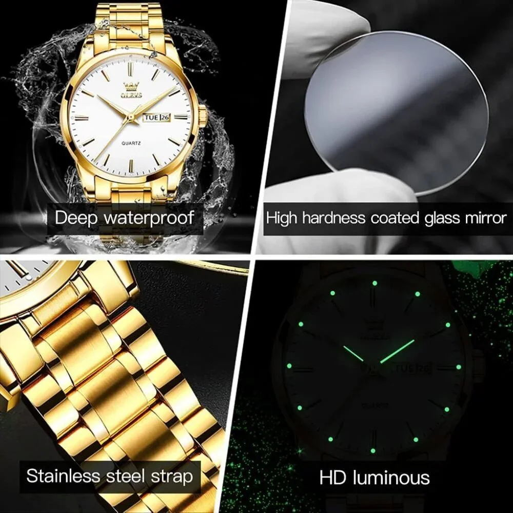 Olevs Men's Gold Steel White Stainless Steel Man Watch Luminous Stylish Watch